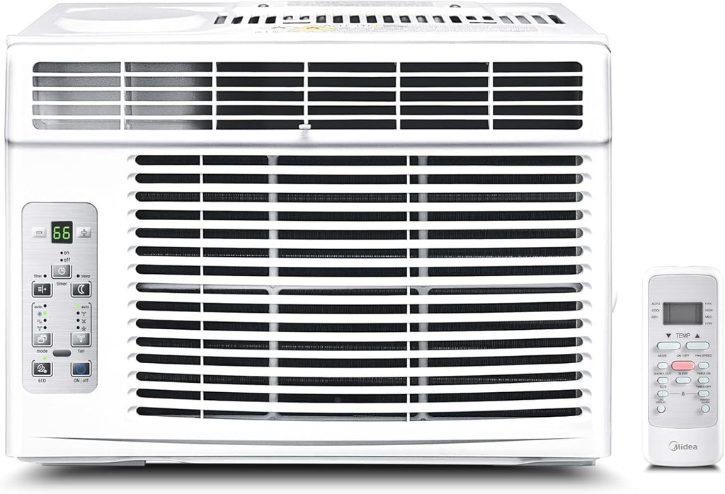 5,000 BTU Window Air Conditioner — Covers up to 150 sq. ft. — Features an easy-to-use, reusable filter and remote control — Suitable for bedrooms, living rooms, and home offices — Electronic control panel