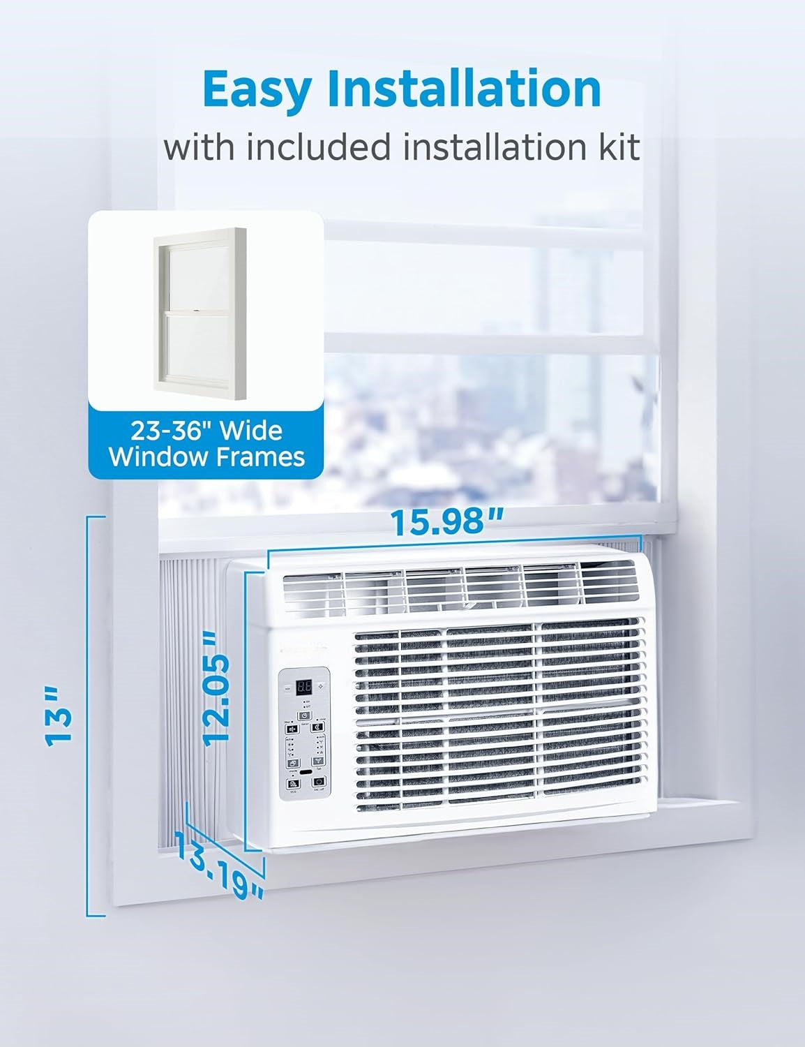 5,000 BTU Window Air Conditioner — Covers up to 150 sq. ft. — Features an easy-to-use, reusable filter and remote control — Suitable for bedrooms, living rooms, and home offices — Electronic control panel