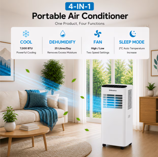 7K, 9K, or 12K BTU Portable Air Conditioner, Dehumidifier, and Fan with Remote Control, 24-Hour Timer, and Window Vent Kit (7,000, 9,000, or 12,000 BTU) – White