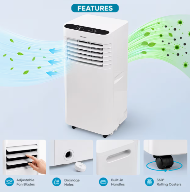 7K, 9K, or 12K BTU Portable Air Conditioner, Dehumidifier, and Fan with Remote Control, 24-Hour Timer, and Window Vent Kit (7,000, 9,000, or 12,000 BTU) – White